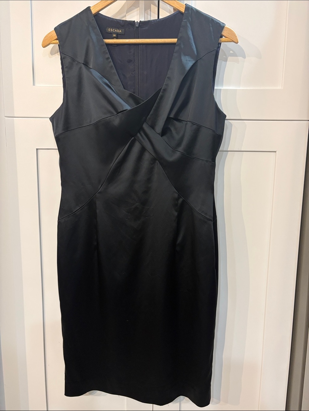 Escada Vintage Black Satin Crossover Sheath Dress